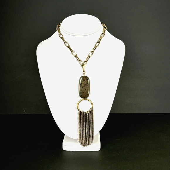 Boho Gold Tone Fringe Tassel Pendant Necklace Oval Speckled Stone Western Artsy - Picture 2 of 10